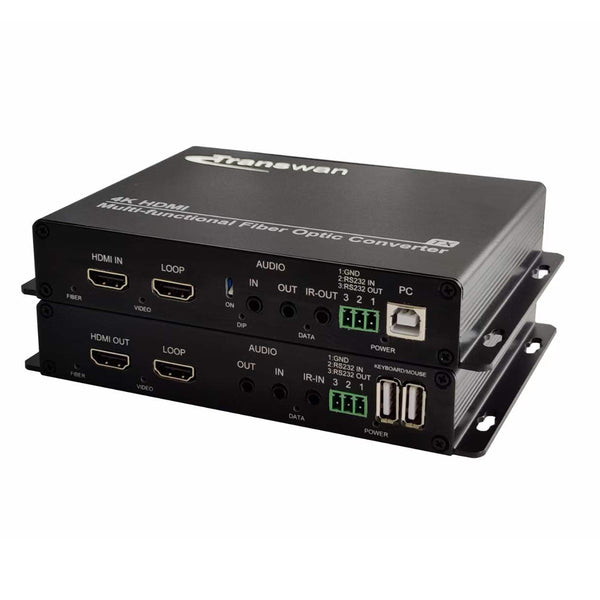 4K-HDMI-Multifunktions-Glasfaserkonverter (4K-HDMI-Video mit Loop-Out + 3,5-Audio + Reverse-IR + RS232-Daten und USB-Anschluss)
