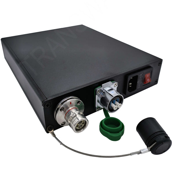 SMPTE ハイブリッドエリミネーションデバイスアダプター (LC ファイバーコネクター + AC 電源) を Lemo ハイブリッドケーブルに変換