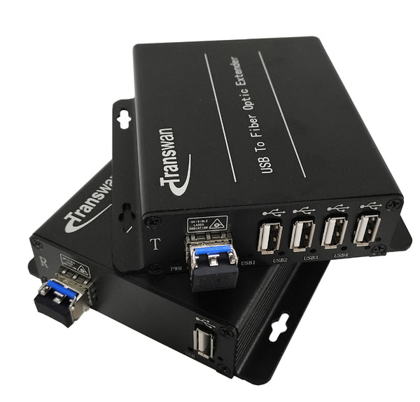 4 Ports USB 2.0/1.1-Hub über Glasfaser-Extender auf maximal 5 Kilometer Singlemode-Glasfaser oder 250 Meter Multimode-Glasfaser, mit SFP-Modul