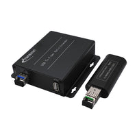 USB 2.0/1.1 über Glasfaser-Extender bis max. 5 km SMF-Glasfaser oder 500 Meter MMF-Glasfaser, kompatibel mit USB 1.1, Rx ist so klein wie ein USB-Dongle