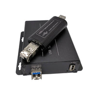 USB 2.0/1.1 ファイバーエクステンダーで最大 5 Km SMF ファイバーまたは 250 メートル MMF ファイバー、USB 1.1 と互換性あり、Rx は USB ドングルと同じ小型