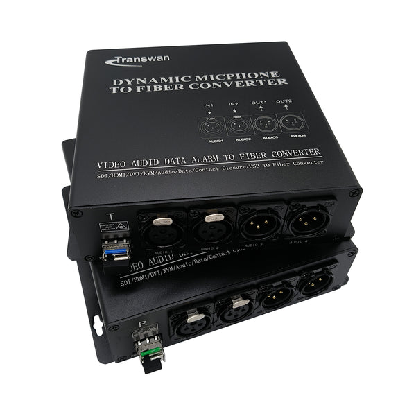 2 Channels 2 Way (bi-directional) Dynamic Microphone Audio over Fiber Optic Converter to 20 Km SM Fiber or 500 Meters MM Fiber