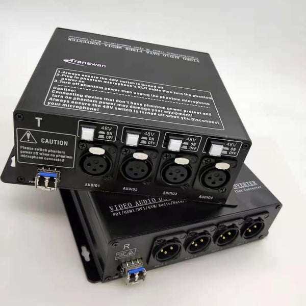 4-Kanal-Line-Level-XLR-symmetrischer Audio-zu-Glasfaser-Konverter über 20 km SMF, mit 4 x umschaltbaren 48-V-Phantomspeisungen, unterstützt Kondensatormikrofone