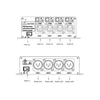 4-Kanal-Line-Level-XLR-symmetrischer Audio-zu-Glasfaser-Konverter über 20 km SMF, mit 4 x umschaltbaren 48-V-Phantomspeisungen, unterstützt Kondensatormikrofone