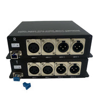 Bidirektionaler (2-Wege) 2-Kanal-XLR-Audio-Extender mit symmetrischem Line-Pegel über Glasfaser auf 20 km SMF oder 500 Meter MMF mit 16-Bit- oder 24-Bit-Audioqualität