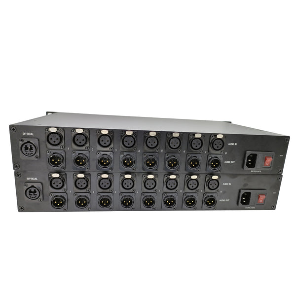 8 Ch Bi-Directional (2 Way) Line-Level XLR Balanced Audio Over Fiber Extender to 20 Km SMF or 500 Meters MMF, Providing 16-bit or 24 bit Audio Quality